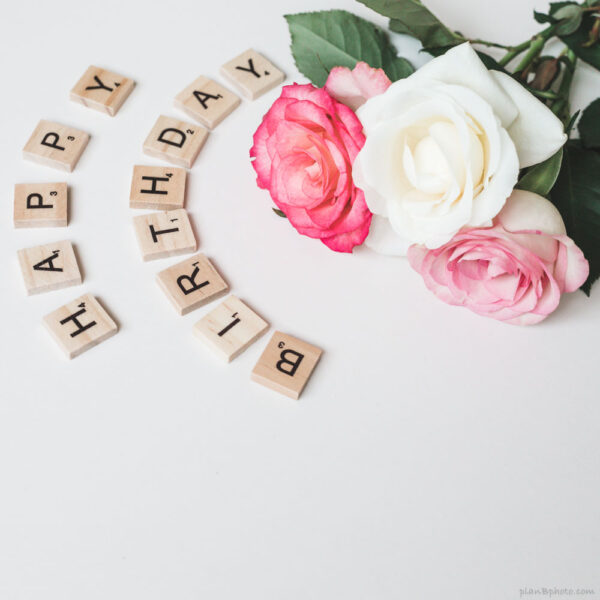 three roses on white background with happy birthday message