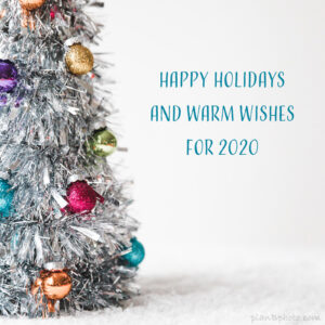 Happy holidays 2020 silver Christmas tree and colourful baubles