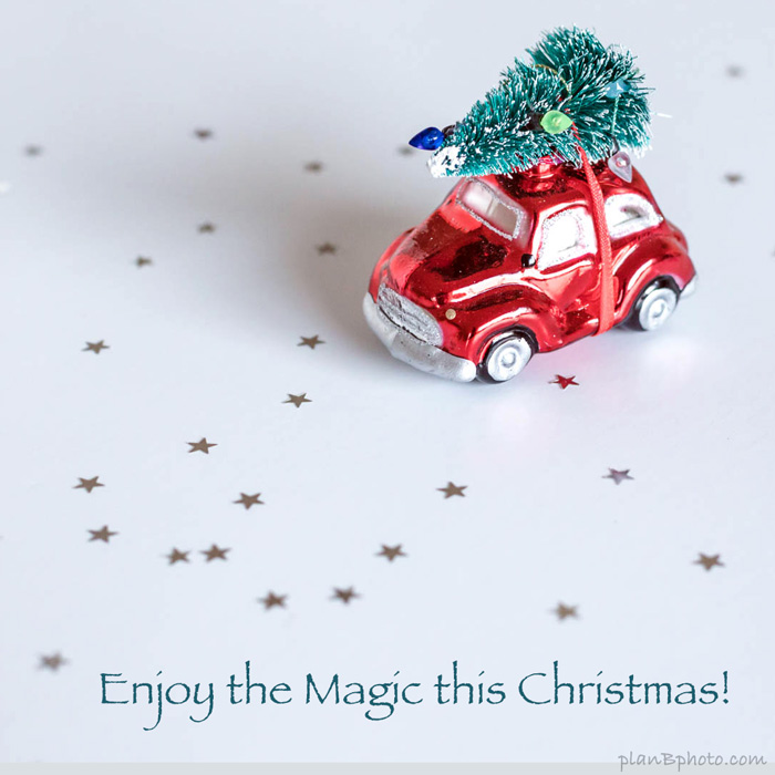 Christmas magic wish with a red car carrying Christmas tree on its roof