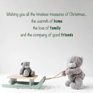 Holiday wish of timeless Christmas treasures with two teddy bears and a sled on a white background