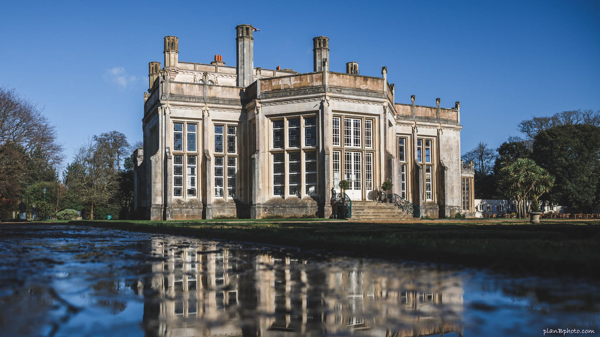 Highcliffe castle with reflections in water