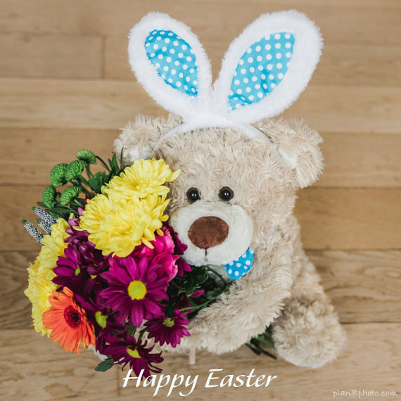 Easter teddy bear with bunny ears holding flowers