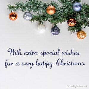 Holiday image with gold and grey baubles and a special Christmas wish